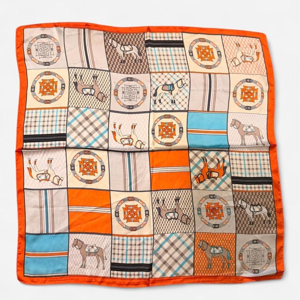Equestrian Patchwork Square‎ Scarf Orange Plaid Horse Print Neckerchief 27.5in